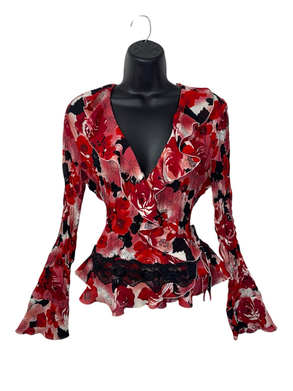 Sunny Leigh Floral Rose Long Sleeve Wrap Top Ruffle Collar Bell Sleeve Boho Y2K